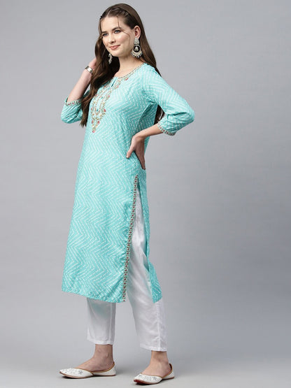 Straight Style Cotton Fabric Turquoise Blue Color Kurti