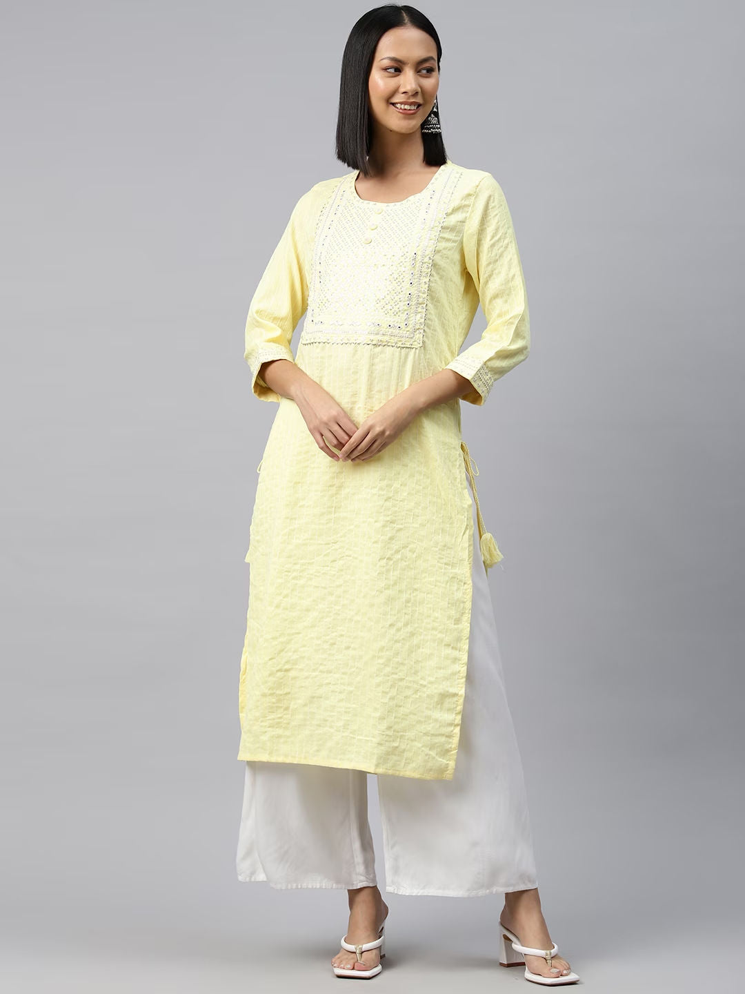 Straight Style Cotton Fabric Lime Yellow Color Kurti