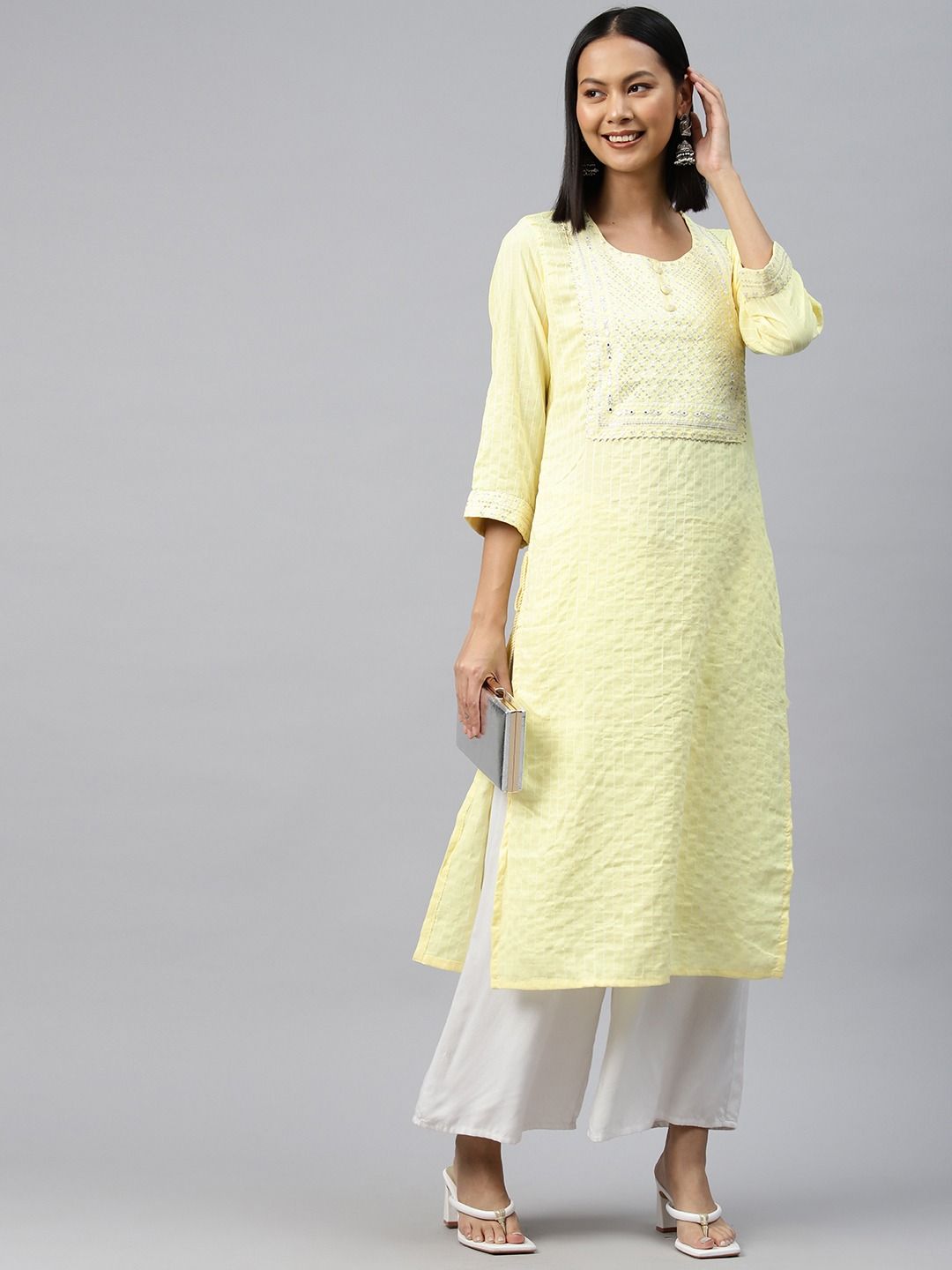 Straight Style Cotton Fabric Lime Yellow Color Kurti