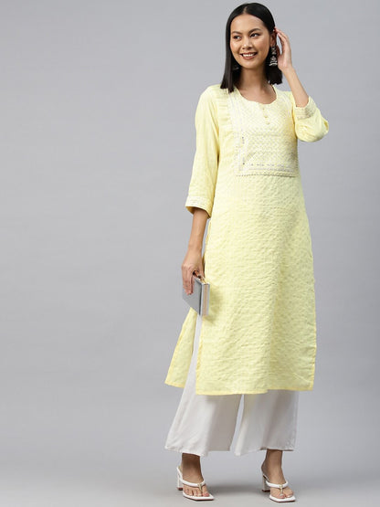 Straight Style Cotton Fabric Lime Yellow Color Kurti