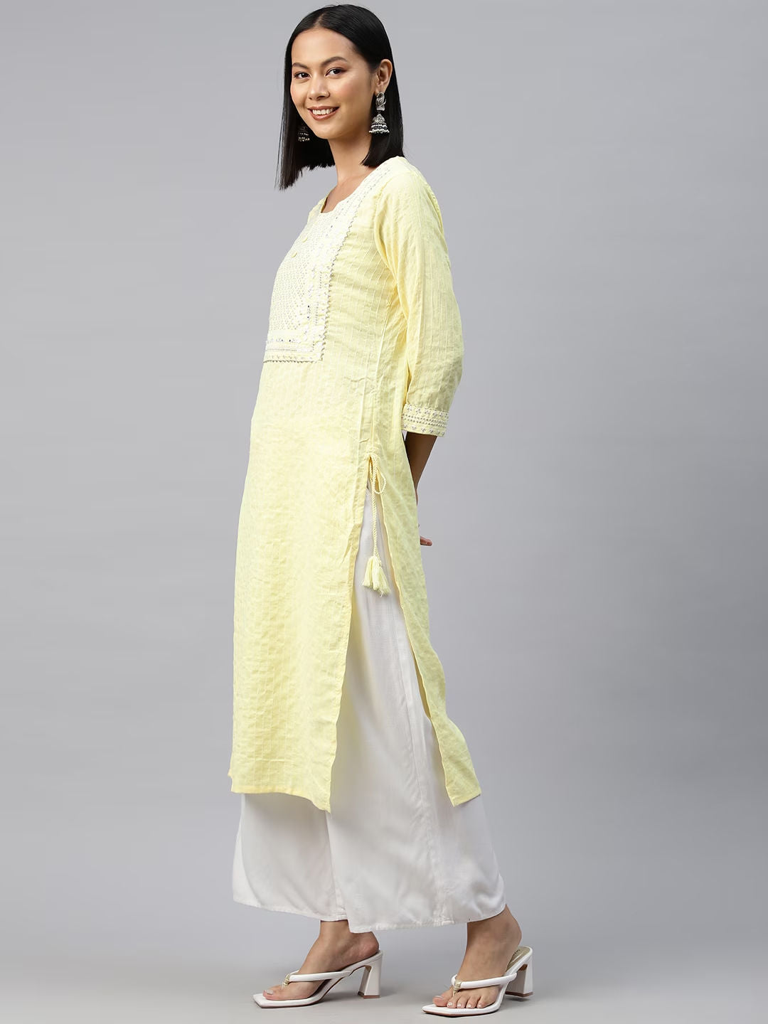 Straight Style Cotton Fabric Lime Yellow Color Kurti