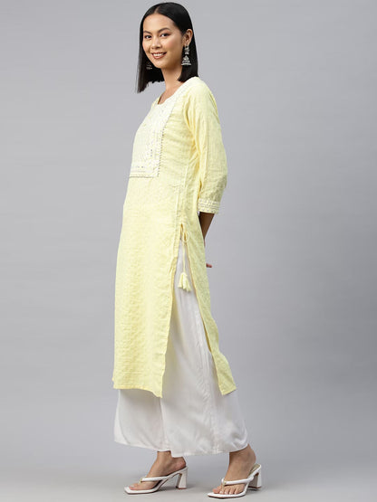 Straight Style Cotton Fabric Lime Yellow Color Kurti