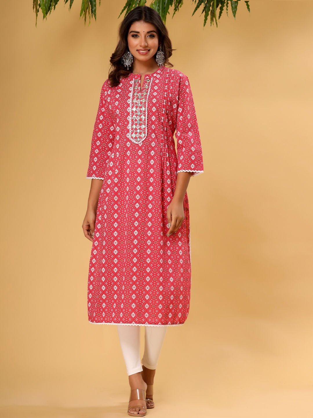 A Line Style Cotton Fabric Red Printed Color Kurti