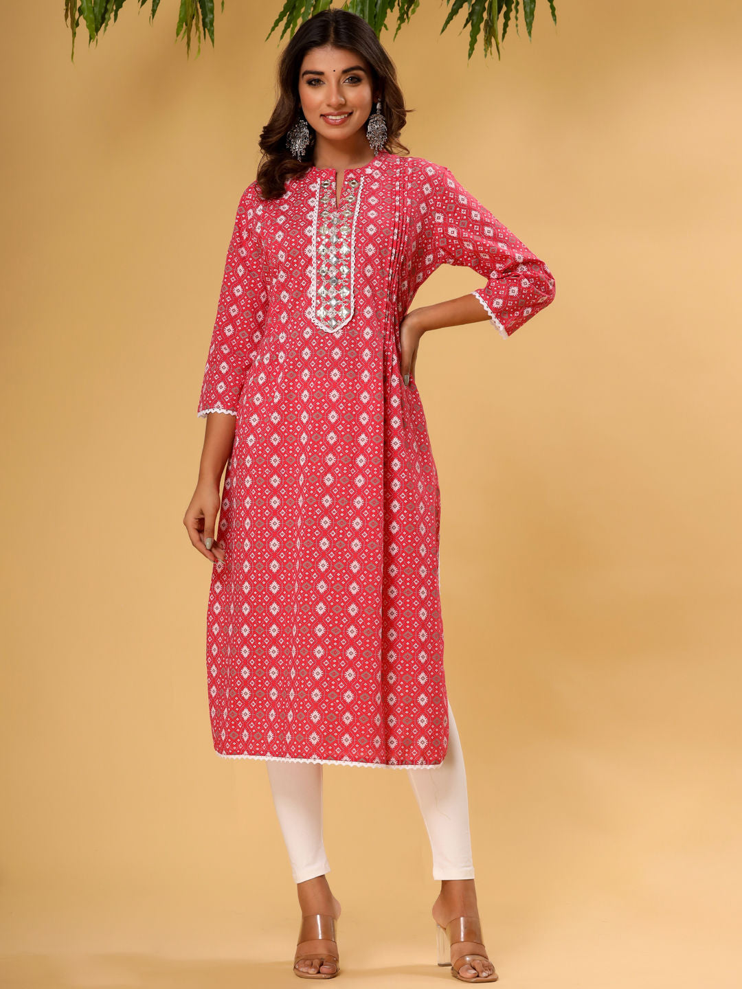 A Line Style Cotton Fabric Red Printed Color Kurti