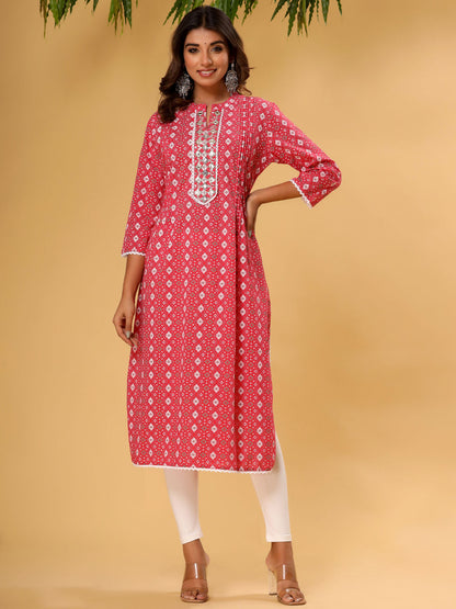 A Line Style Cotton Fabric Red Printed Color Kurti