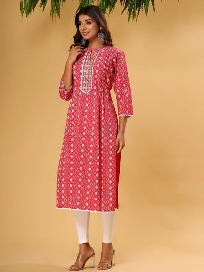 A Line Style Cotton Fabric Red Printed Color Kurti