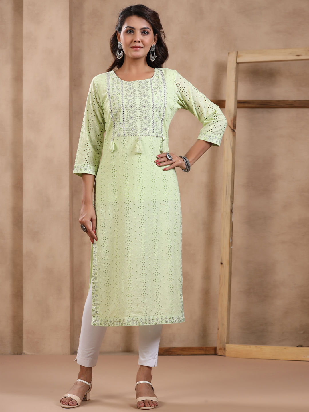 Straight Style Cotton Fabric Green Color Kurti