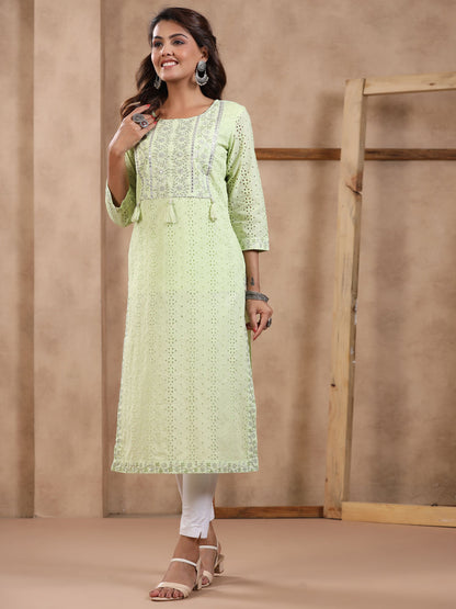 Straight Style Cotton Fabric Green Color Kurti