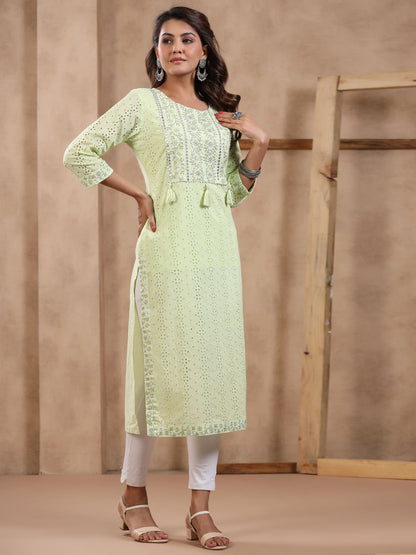 Straight Style Cotton Fabric Green Color Kurti
