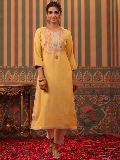 Straight Style Rayon Fabric Yellow Color Kurti