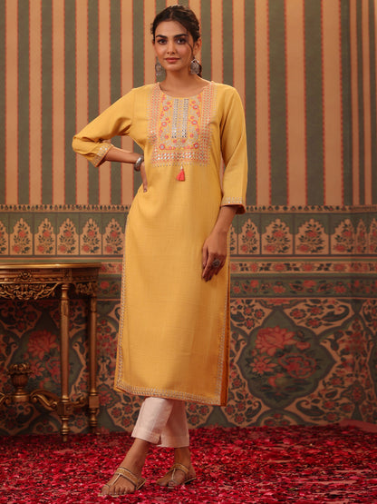 Straight Style Rayon Fabric Yellow Color Kurti