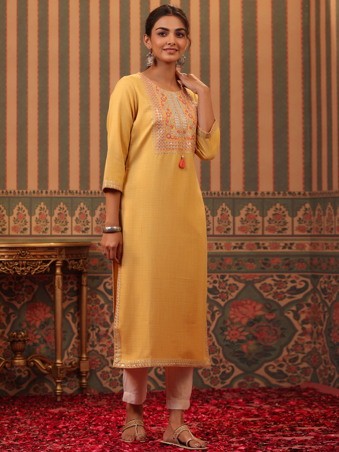 Straight Style Rayon Fabric Yellow Color Kurti