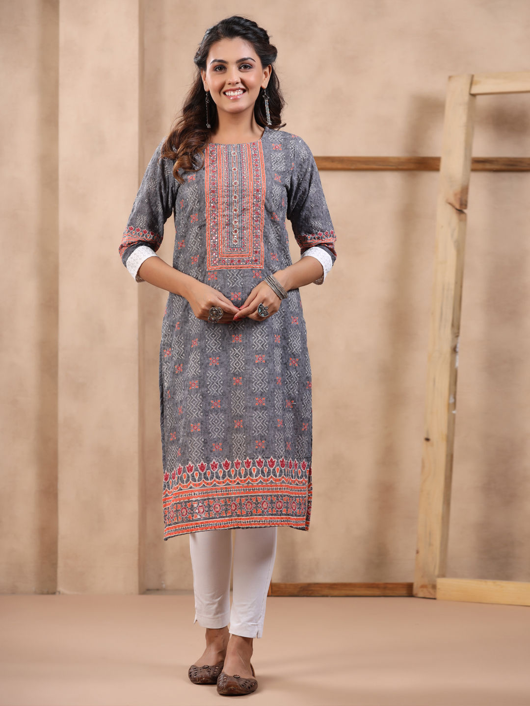 Straight Style Cotton Fabric Grey Color Kurti