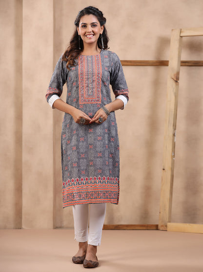 Straight Style Cotton Fabric Grey Color Kurti