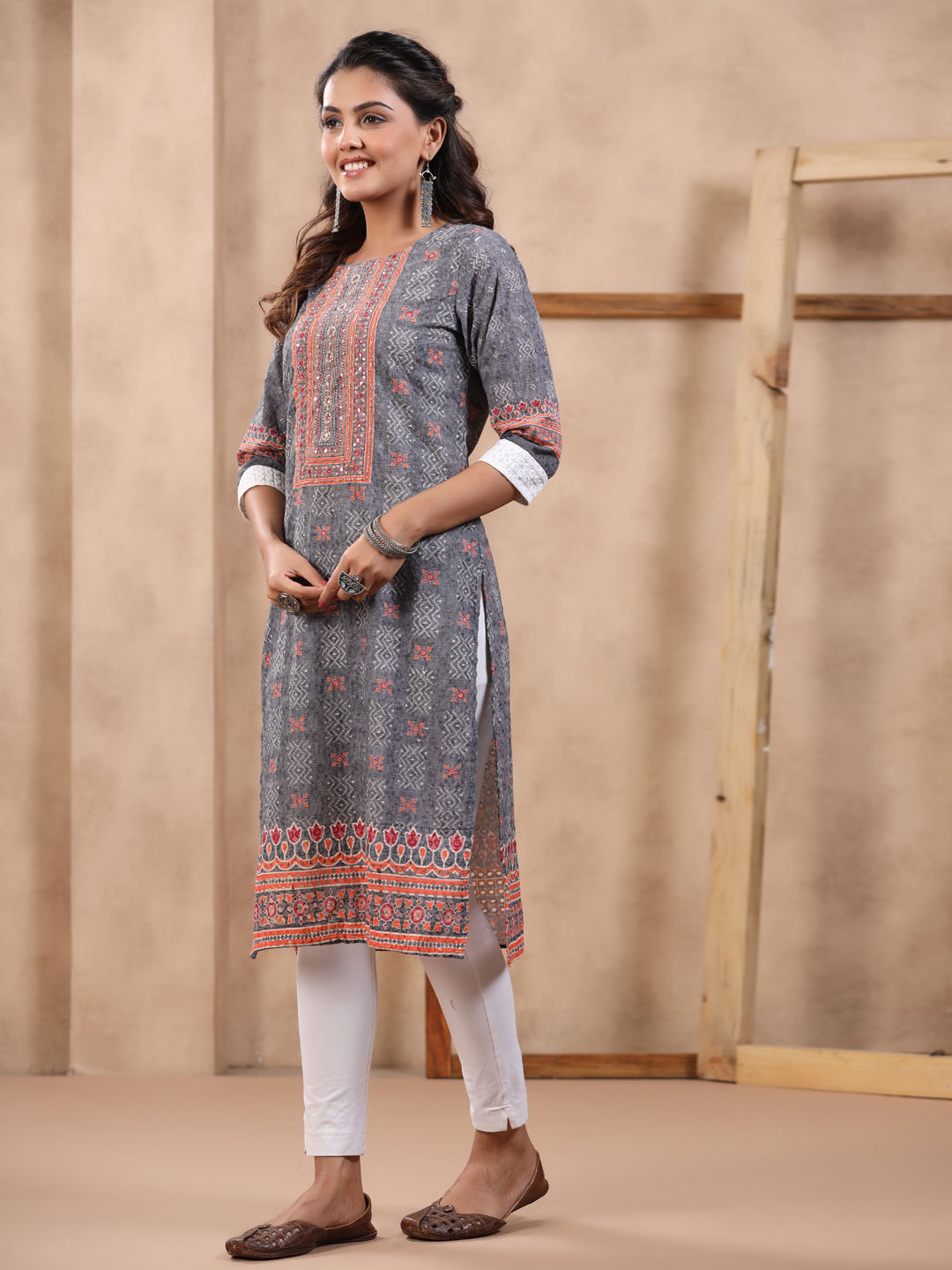 Straight Style Cotton Fabric Grey Color Kurti