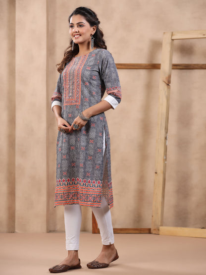 Straight Style Cotton Fabric Grey Color Kurti