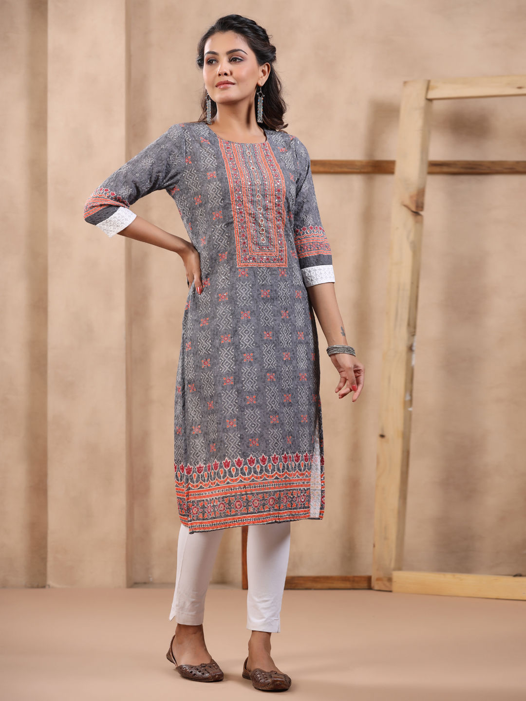 Straight Style Cotton Fabric Grey Color Kurti