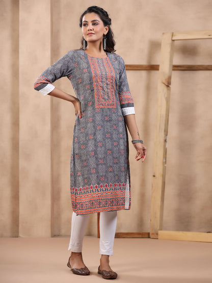 Straight Style Cotton Fabric Grey Color Kurti