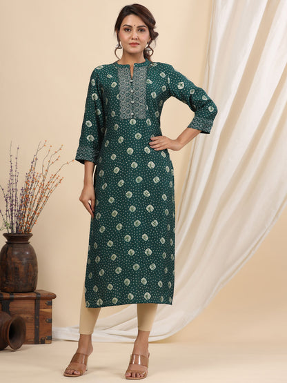 Straight Style Silk Fabric Green Color Kurti