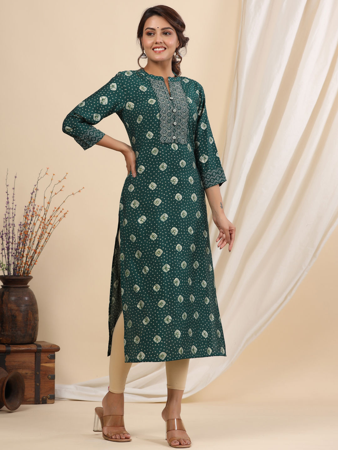 Straight Style Silk Fabric Green Color Kurti