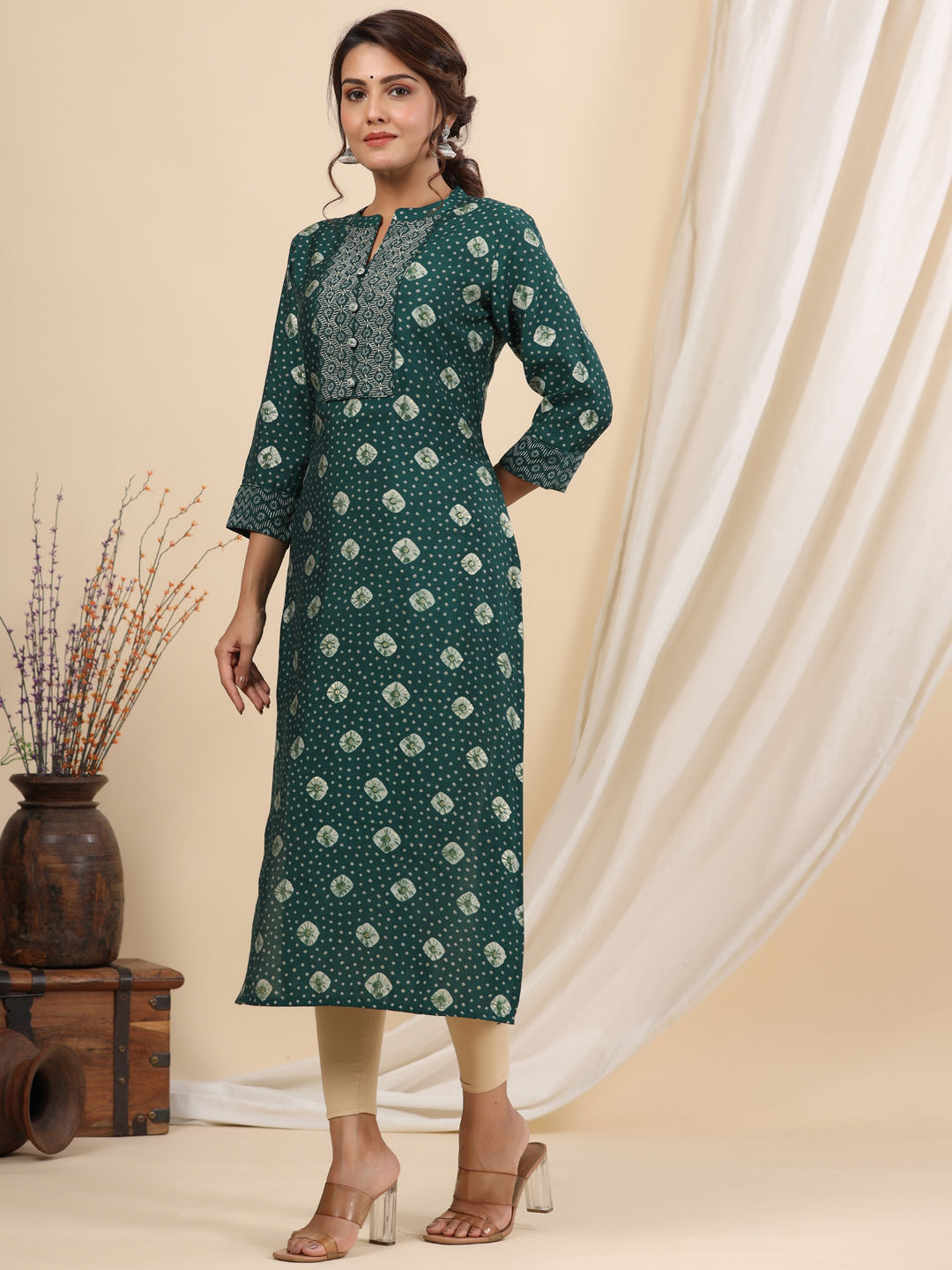Straight Style Silk Fabric Green Color Kurti