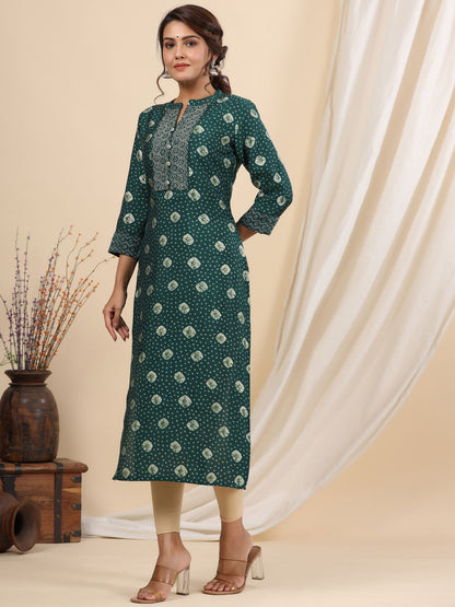 Straight Style Silk Fabric Green Color Kurti