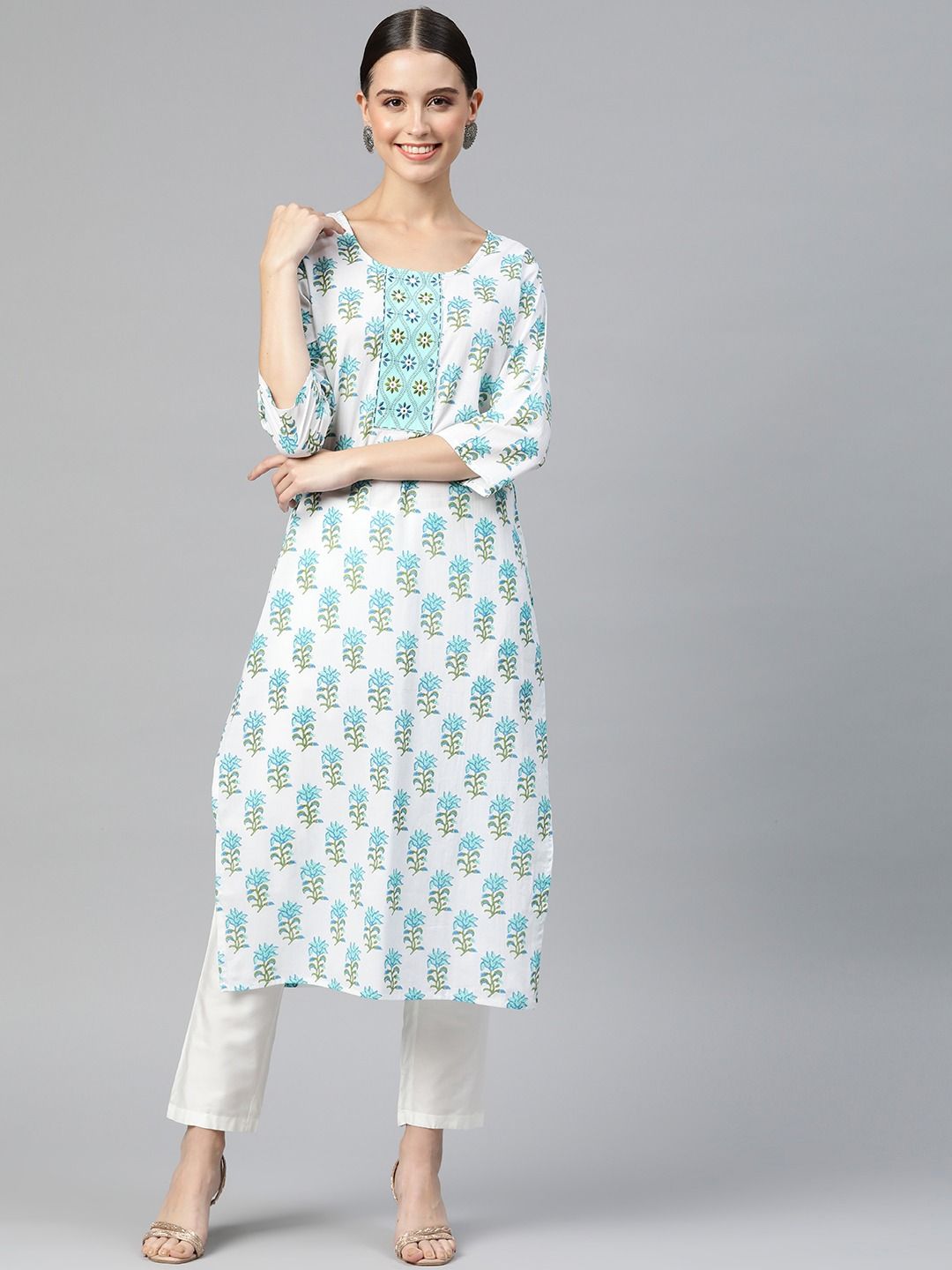 Straight Style Cotton Fabric White Color Kurti