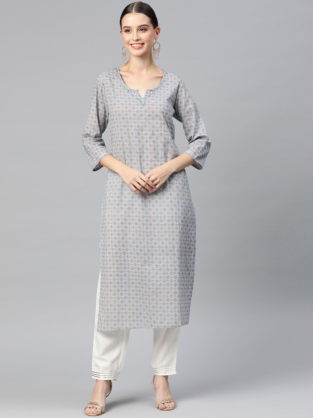 Straight Style Cotton Fabric Grey Color Kurti