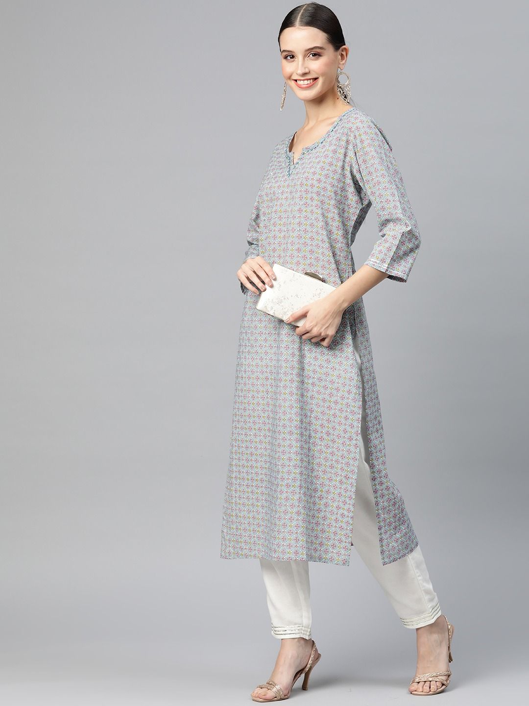 Straight Style Cotton Fabric Grey Color Kurti