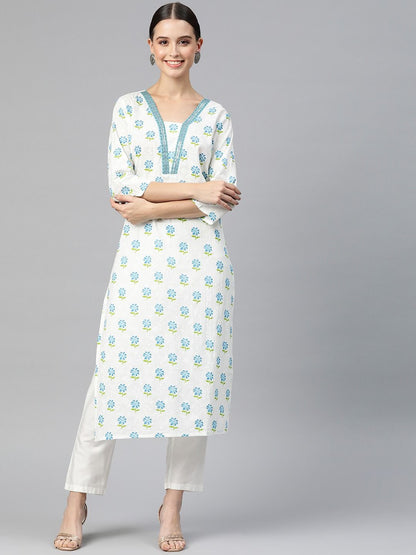 Straight Style Cotton Fabric Blue Color Kurti