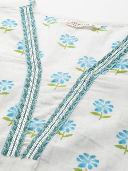 Straight Style Cotton Fabric Blue Color Kurti