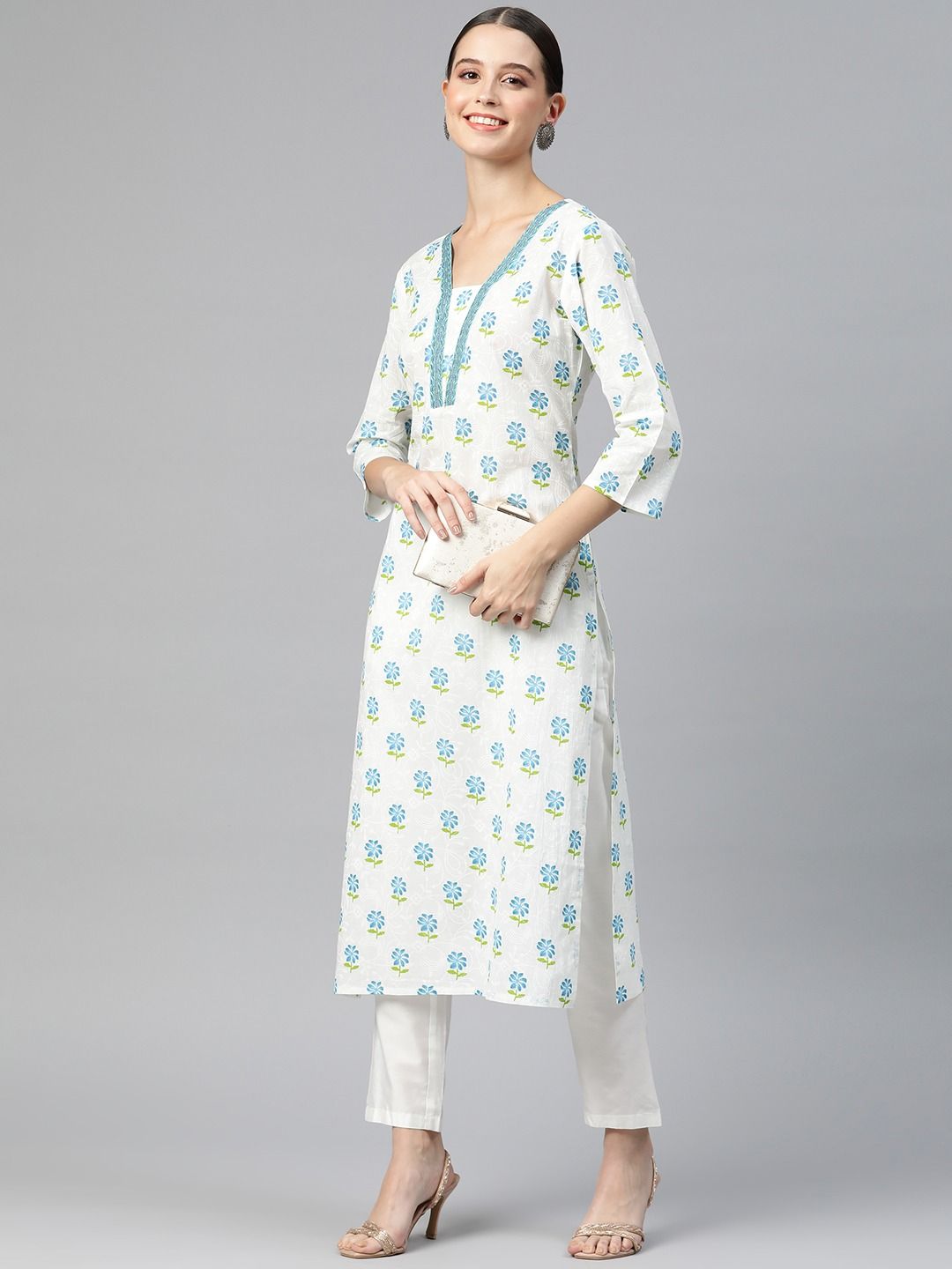 Straight Style Cotton Fabric Blue Color Kurti
