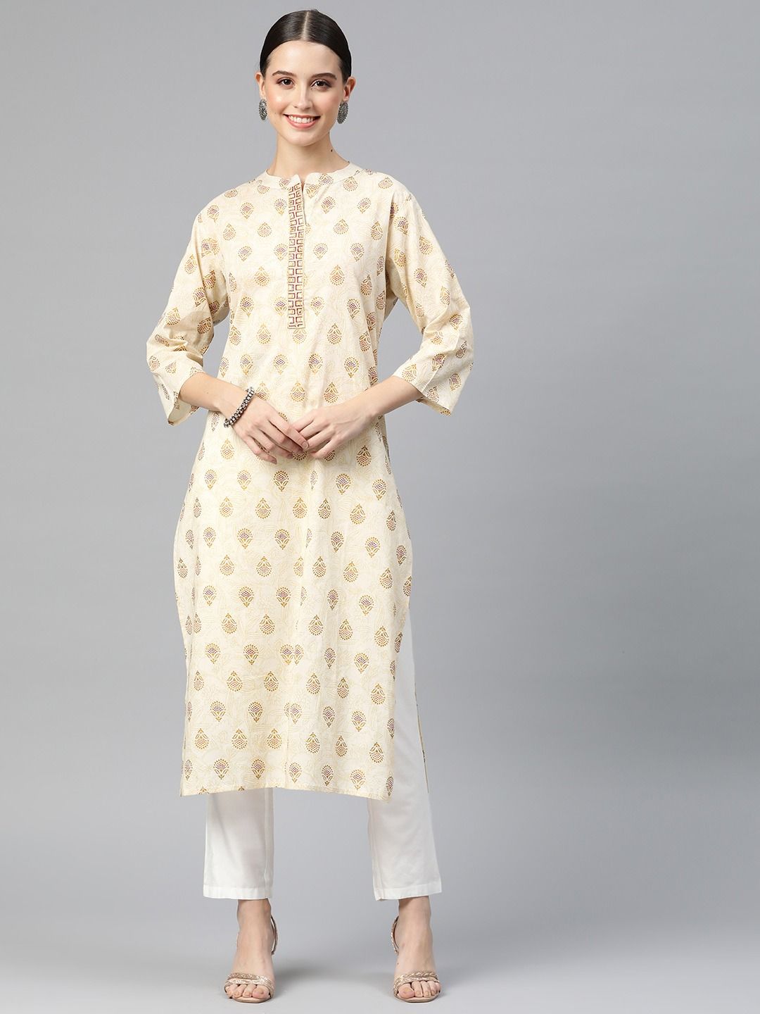 Straight Style Cotton Fabric Beige Color Kurti