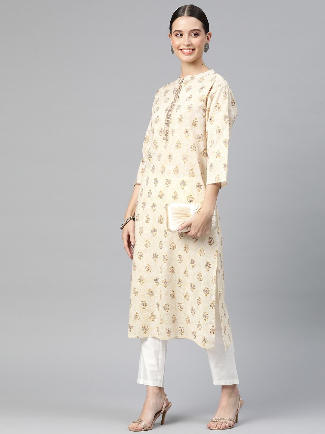 Straight Style Cotton Fabric Beige Color Kurti