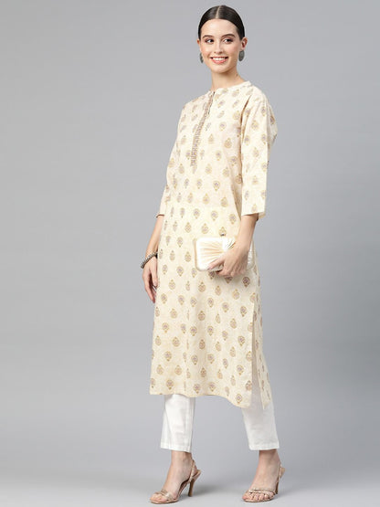 Straight Style Cotton Fabric Beige Color Kurti