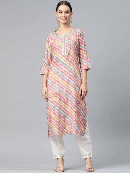 Straight Style Cotton Fabric Pink Color Kurti