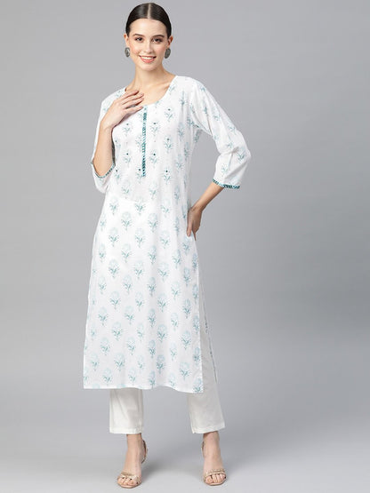 Straight Style Cotton Fabric Sea Green Color Kurti