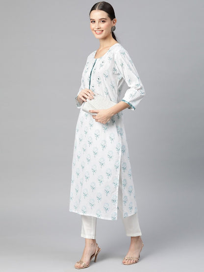 Straight Style Cotton Fabric Sea Green Color Kurti