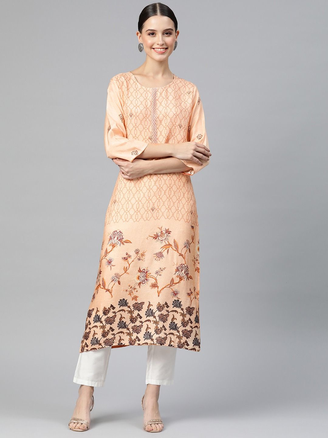 Straight Style Silk Fabric Peach Color Kurti