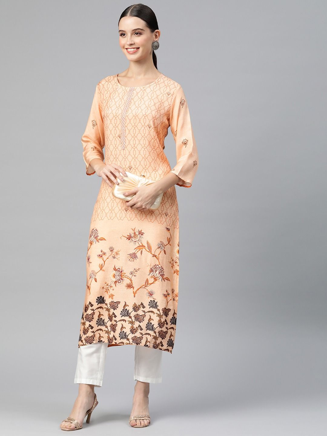 Straight Style Silk Fabric Peach Color Kurti