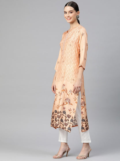 Straight Style Silk Fabric Peach Color Kurti