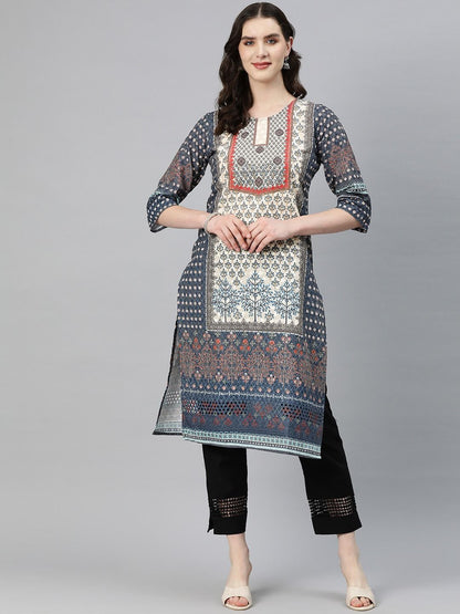 Straight Style Cotton Fabric Blue Color Kurti