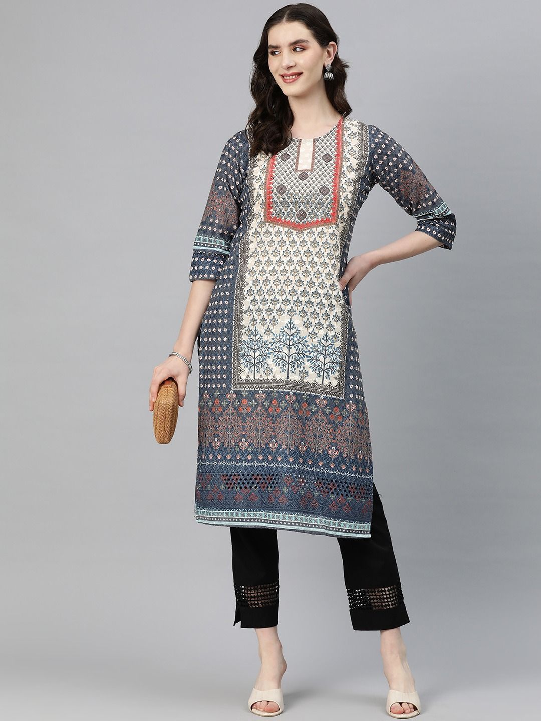 Straight Style Cotton Fabric Blue Color Kurti