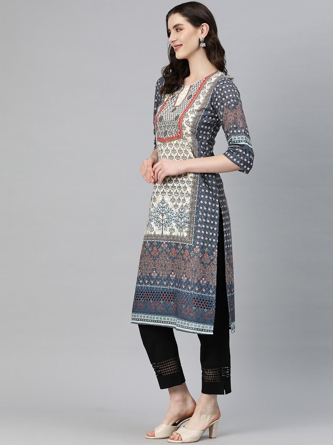 Straight Style Cotton Fabric Blue Color Kurti