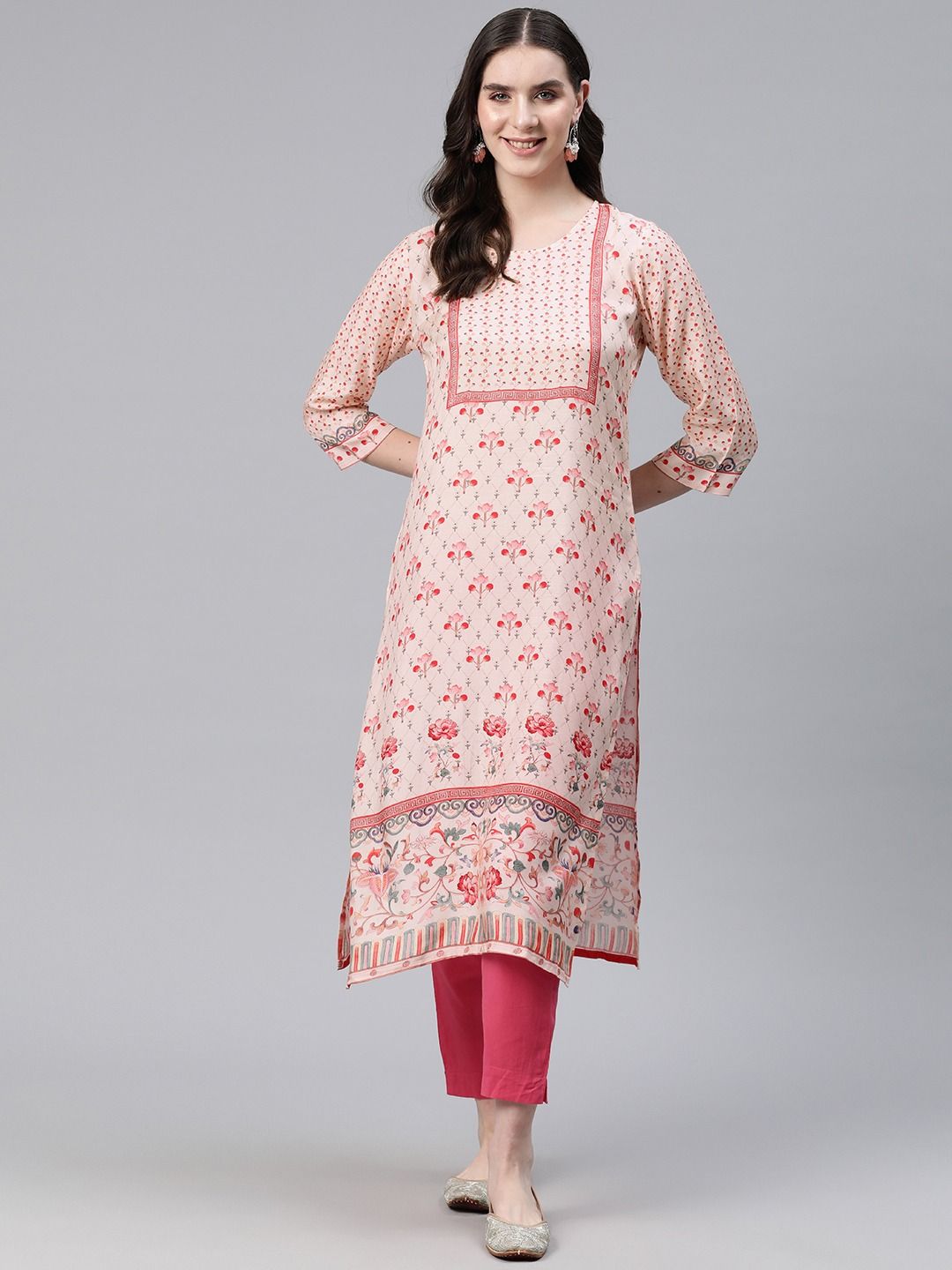 Straight Style Rayon Fabric Peach Color Kurti