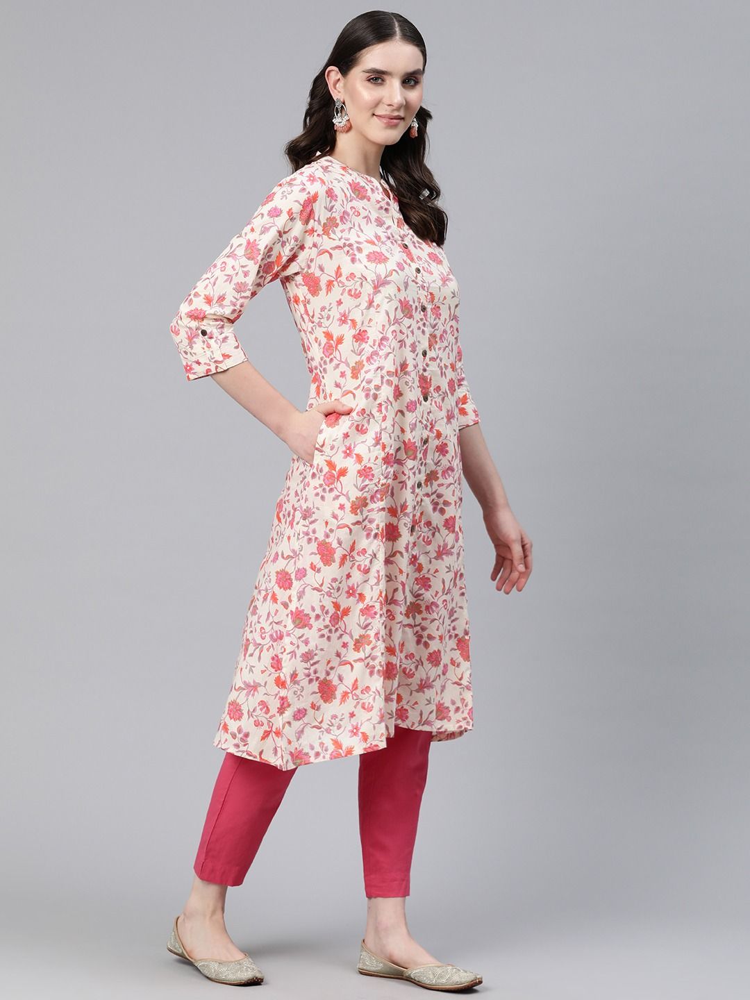 A-Line Style Cotton Fabric Pink Color Kurti
