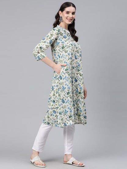 A-Line Style Cotton Fabric Blue Color Kurti