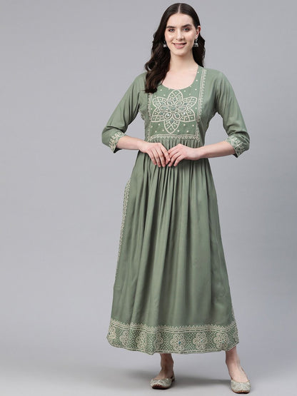 Anarkali Style Rayon Fabric Olive Green Color Kurti