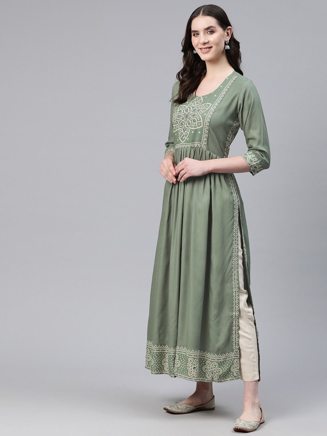 Anarkali Style Rayon Fabric Olive Green Color Kurti