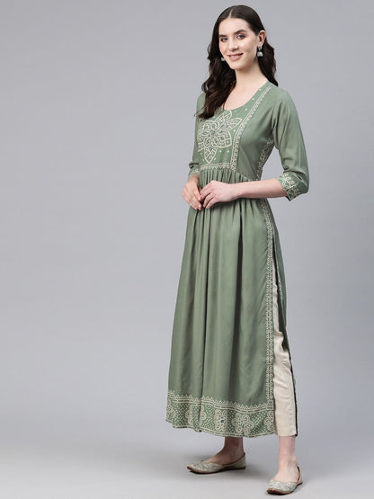Anarkali Style Rayon Fabric Olive Green Color Kurti